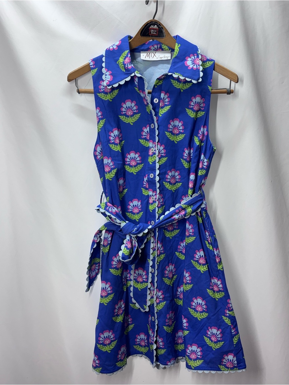 Summer Floral Preppy Blue Pink Sleeveless Shirt Dress Scallops Small
